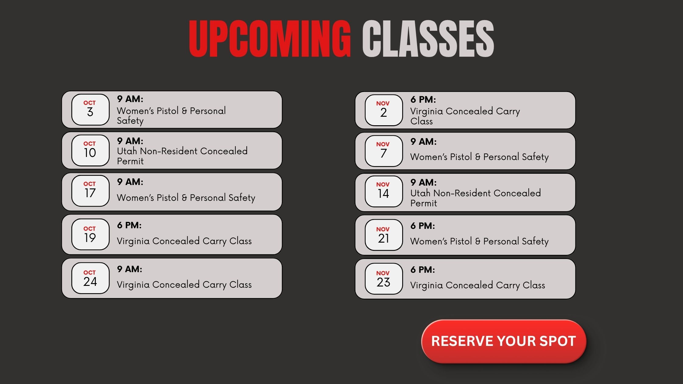 UPCOMING CLASS SCHEDULE 