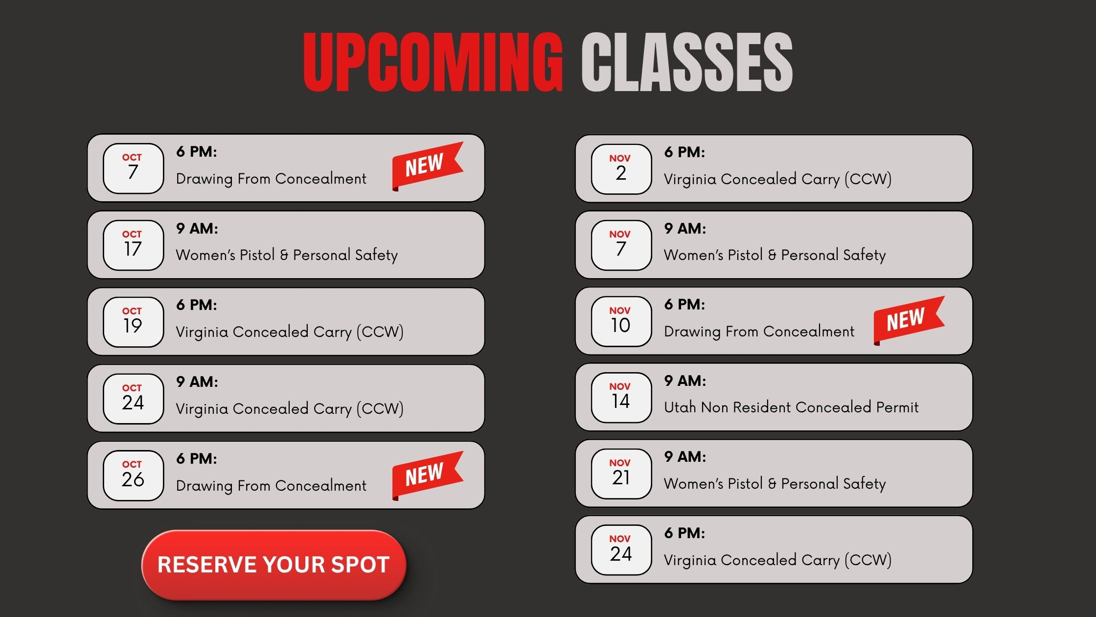 Upcoming Class Schedule